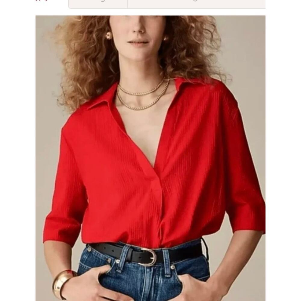 J. Crew Red Textured Gauze V-Neck Blouse